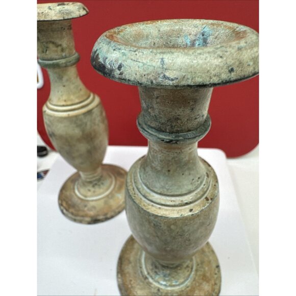 Vtg Rare Pair of Solid Bronze Candle Sticks Holders Gray Green Orange 6”x3” - Picture 8 of 10